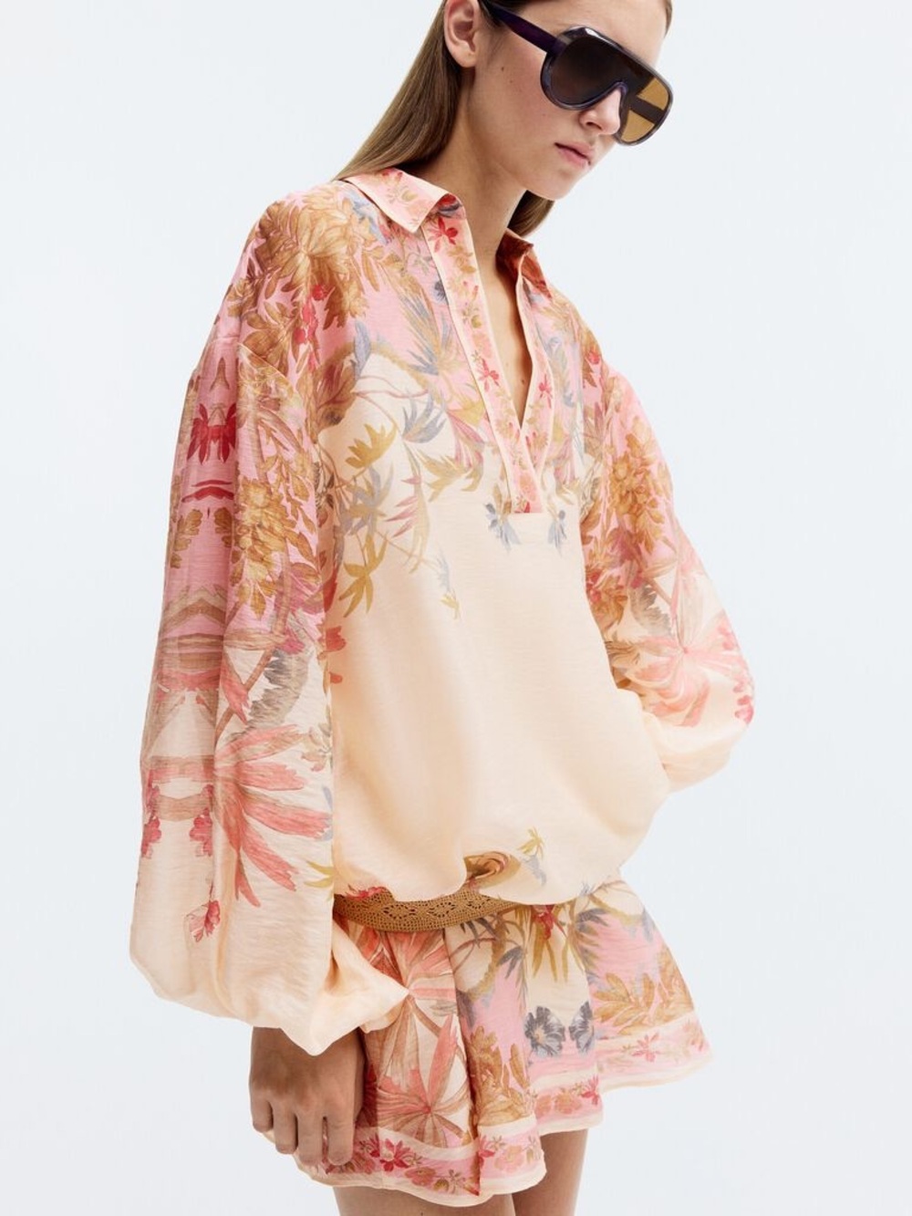 H&M Peach-Pink Floral Linen Blend Dress